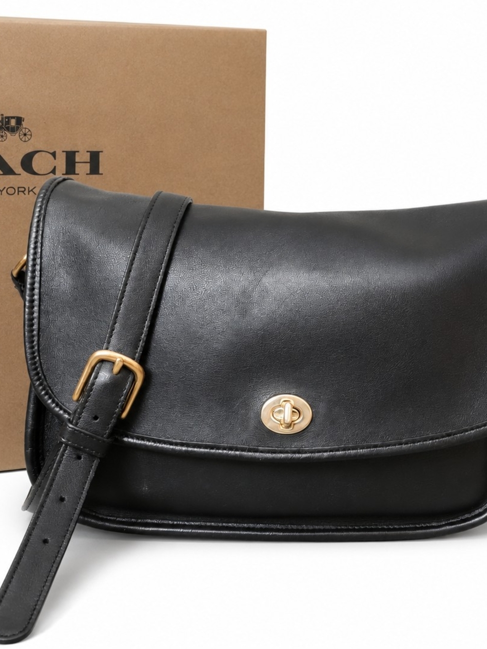 Vintage Coach Black Leather City Turnlock Saddle Bag Brass Hardware